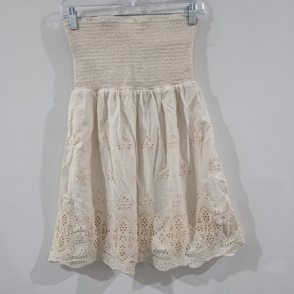 Strapless Womens Top Size Medium Ivory Floral Boho Smocked Eyelet